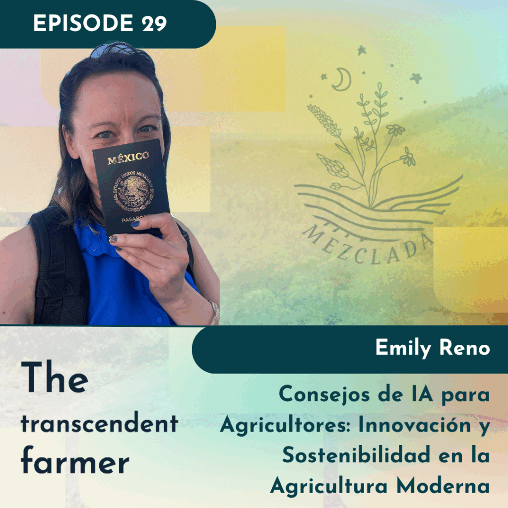 Emily holding her Mexican passport with title of 29th podcast episode