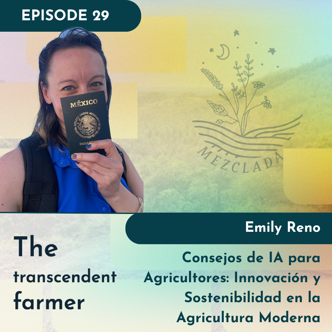 Emily holding her Mexican passport with title of 29th podcast episode